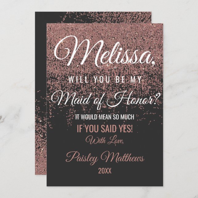 Convite Brilho de Rosa Dourado Faíscas Preto Dama de Honra (Frente/Verso)