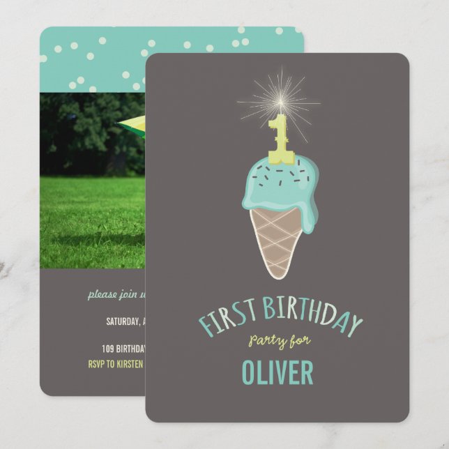 Convite Brilho de Sorvete de Hortelã Aniversário de 1 Ano  (Frente/Verso)