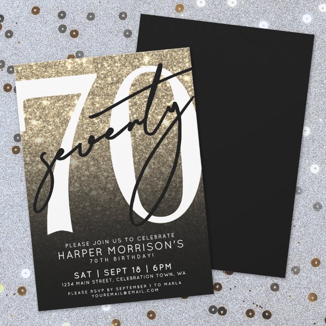 Convite Brilho Dourado 70º Aniversário (Black Gold Glitter 70th Birthday Invitation)