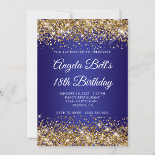 Convite Brilho Dourado Azul Escuro Ombre 18º Aniversário