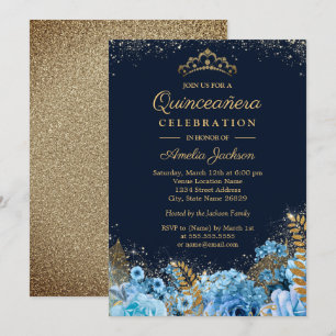 Convite Brilho Dourado Azul Glitter floral Quinceanera 15º