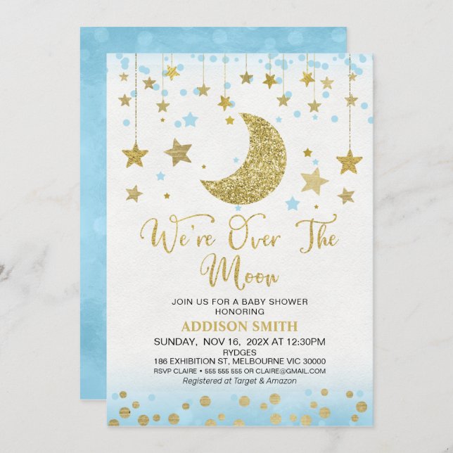 Convite Brilho Dourado Azul Sobre O Chá de fraldas Da Lua (Frente/Verso)