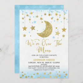 Convite Brilho Dourado Azul Sobre O Chá de fraldas Da Lua
