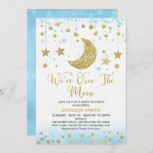 Convite Brilho Dourado Azul Sobre O Chá de fraldas Da Lua