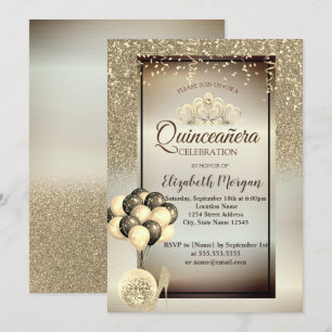 Convite Brilho Dourado, Balões, Saltos Altos, Tiara Quince