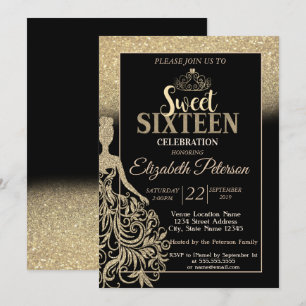 Convite Brilho Dourado Bokeh Ombre,Tiara,Festa Sweet 16