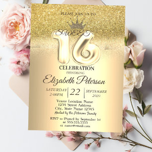Convite Brilho Dourado Bokeh, Tiara, Festa Sweet 16