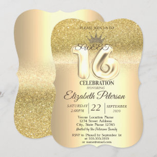 Convite Brilho Dourado Bokeh, Tiara, Festa Sweet 16