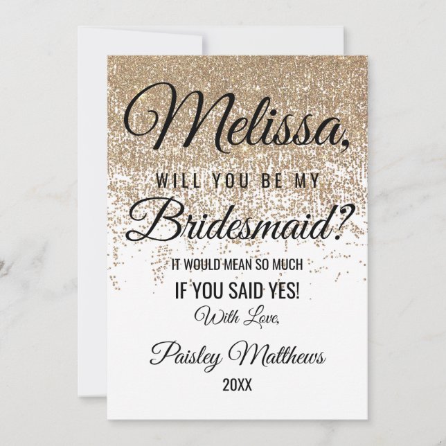 Convite Brilho Dourado Bridesmaid Branca (Frente)