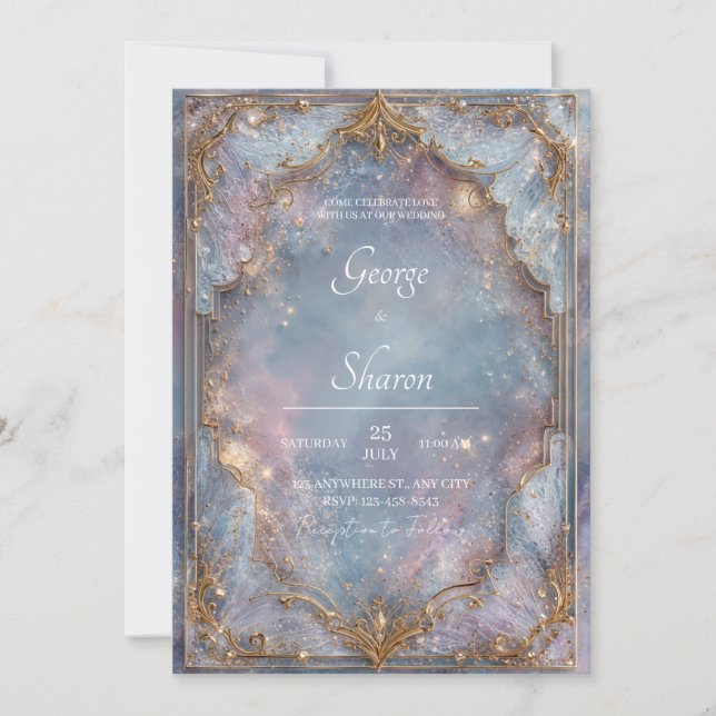 Convite Brilho Dourado Celestial Azul Encantado Casamento (Frente)