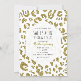 Convite Brilho Dourado Cheetah Branco Leopardo Festa Sweet