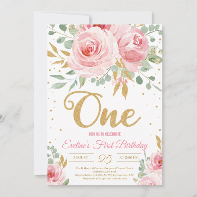 Convite Brilho Dourado, cor-de-rosa pincelado, primeiro an (Frente)