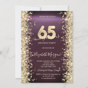Convite Brilho Dourado Diamantes Borgonha 65º Aniversário