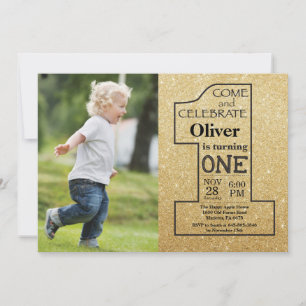 Convite Brilho Dourado do primeiro aniversario e foto