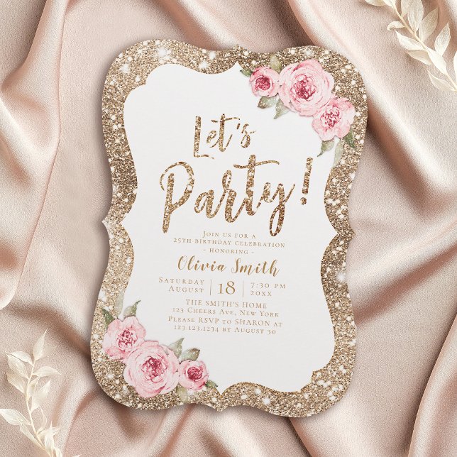 Convite brilho dourado do vamos e floral rosa (Let's party sparkle gold glitter and pink floral invitation)