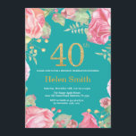 Convite Brilho Dourado e cerceta do aniversário de 40 anos<br><div class="desc">Convite floral do aniversário de 40 anos para mulheres. Flor floral botânica da aguarela. Brilho Dourado. Fundo de turquesa do Aqua da cerceta. Flores florais das peônias cor-de-rosa. Aniversário adulto. Para uma personalização mais adicional,  clique por favor "personalizam-no" botão e usam-nos nossa ferramenta de design para alterar este modelo.</div>
