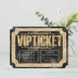 Convite Brilho Dourado e Diamantes no Bilhete Dourado Pret