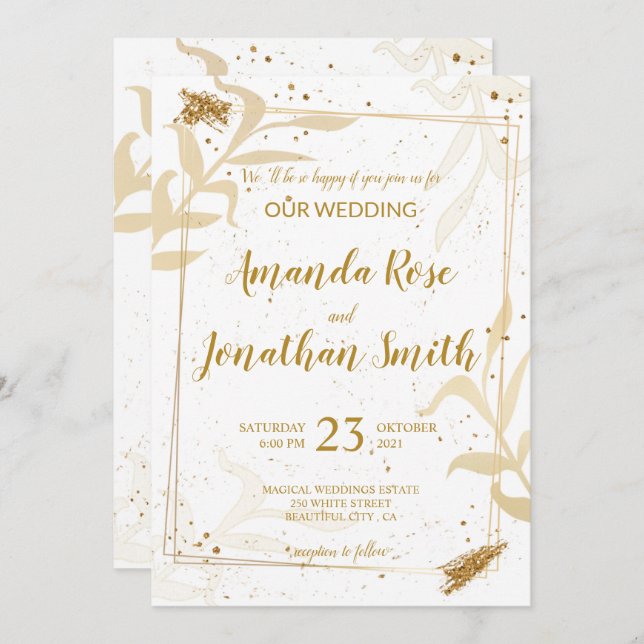 Convite Brilho Dourado e folhas em branco com fundo branco (Frente/Verso)