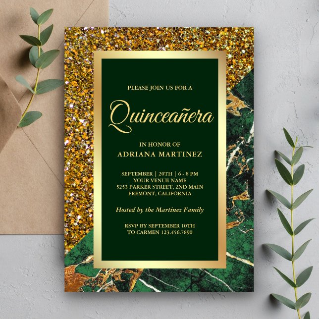 Convite Brilho Dourado Falso Mármore Verde Esmeralda Quinc (Criador carregado)