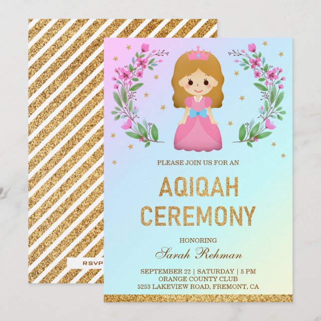 Convite Brilho Dourado Falso Princesa Rosa Fofo Aqiqah (Frente/Verso)