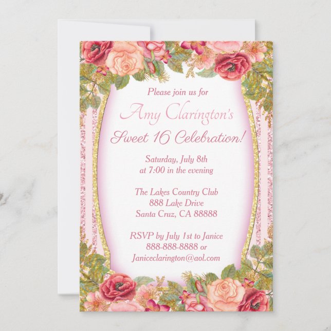 Convite Brilho Dourado Floral Rosa De 16 Placas Doce (Frente)