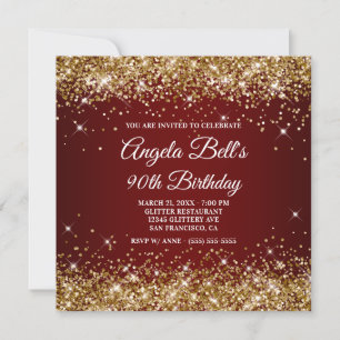 Convite Brilho Dourado Glitter Vermelho Escuro Aniversário