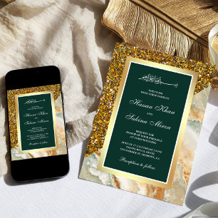 Convite Brilho Dourado Mármore Marrom Esmeralda Casamento