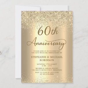 Convite Brilho Dourado Metálico 60º Aniversário de Casamen