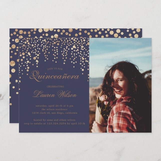 Convite brilho dourado na Quinceanera Púrpura Foto (Frente/Verso)