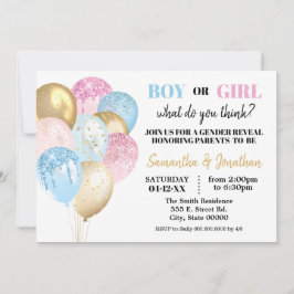 Convite Brilho Dourado Os balões de gênero revelam rosa ou