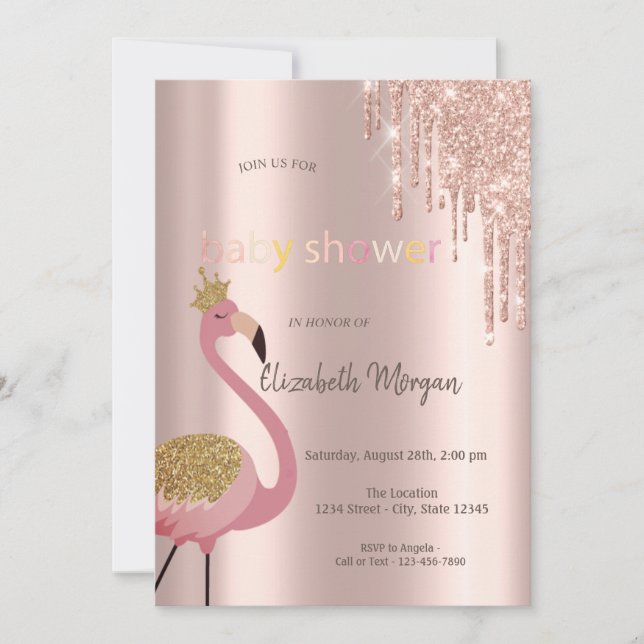 Convite Brilho Dourado Rosa Chic com Gotas, Flamingos Rosa (Frente)