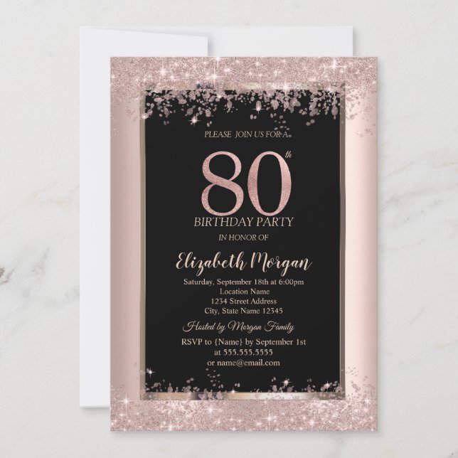 Convite Brilho Dourado Rosa Chic Faíscas Aniversário de 80 (Frente)