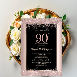 Convite Brilho Dourado Rosa Chic Faíscas Aniversário de 90