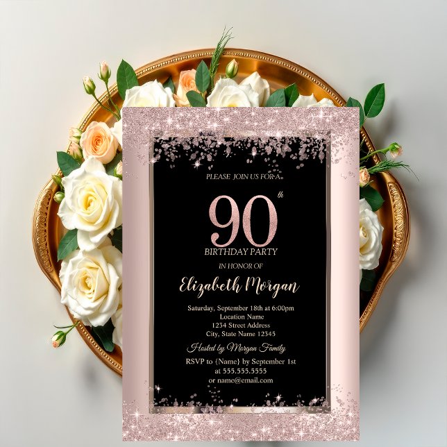 Convite Brilho Dourado Rosa Chic Faíscas Aniversário de 90 (Criador carregado)