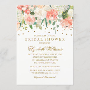 Convite Brilho Dourado Rosa Floral Chuva de Noiva