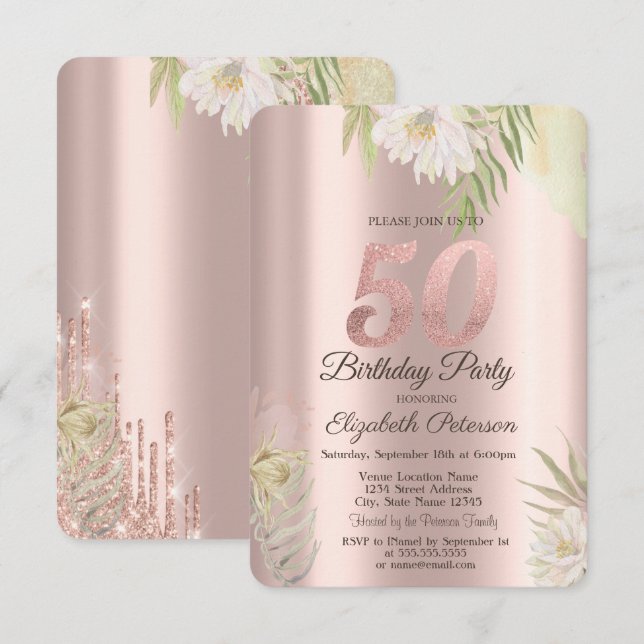 Convite Brilho Dourado Rosa Flores Boho 50º Aniversário (Frente/Verso)