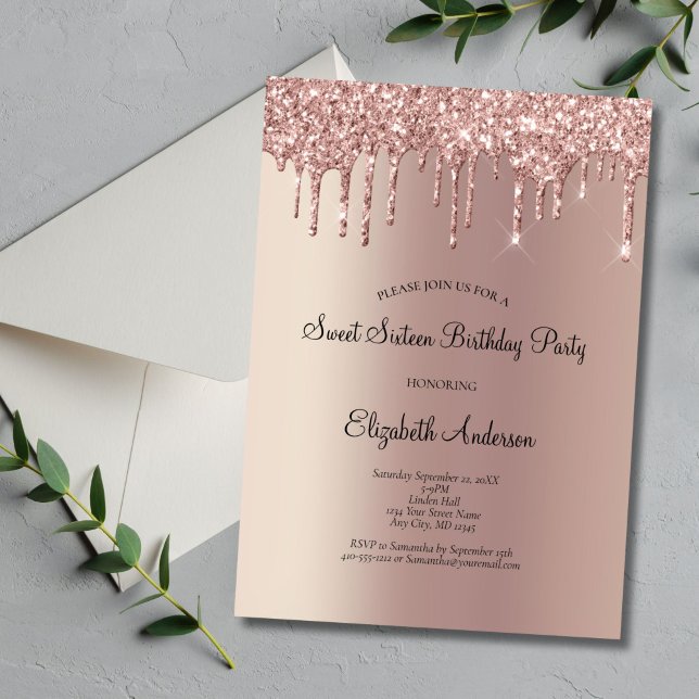 Convite Brilho Dourado Rosa Gotejamento Glam Doce 16 Anive (Rose Gold Dripping Glitter Glam Bling Sweet 16 Birthday Party Invitation. Printed or Digital)