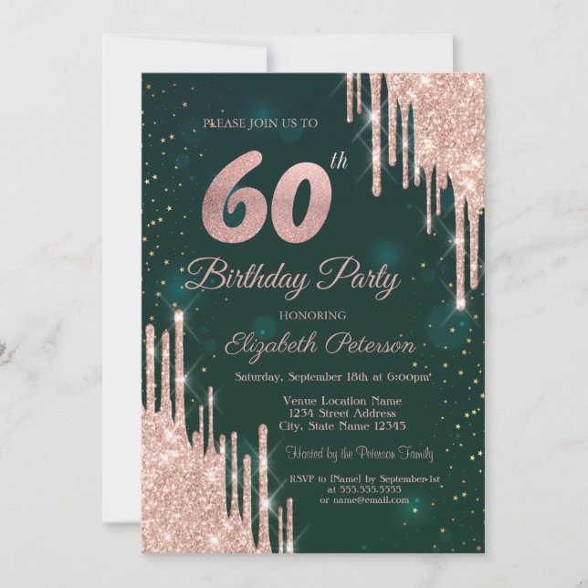 Convite Brilho Dourado Rosa Gotejante Aniversário de 60 An (Frente)