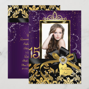 Convite Brilho Dourado Roxo Damask & Foto de Arco de Quinc