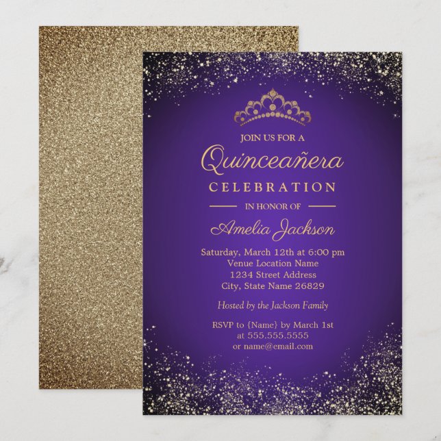 Convite Brilho Dourado Roxo Glitter Quinceanera 15º (Frente/Verso)