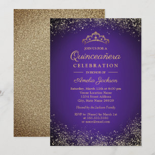 Convite Brilho Dourado Roxo Glitter Quinceanera 15º