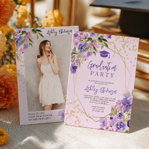 Convite Brilho dourado Roxo menina floral foto formatura