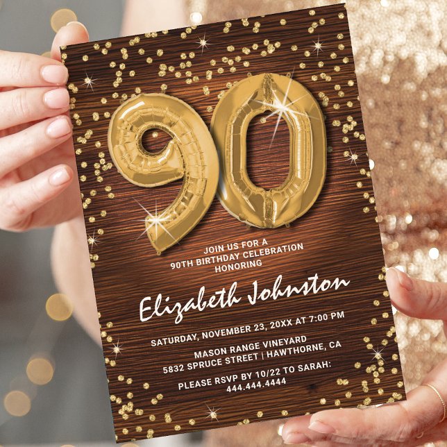 Convite Brilho Dourado Rústico Aniversário de 90 anos (Criador carregado)