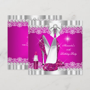 Convite Brilho Elegante Glamour Rosa Quente Salto Alto Láb
