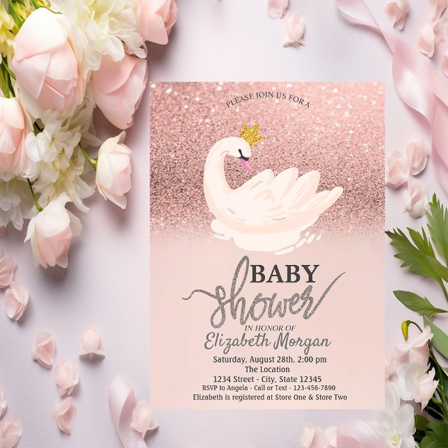 Convite Brilho em Dourado Rosa Bokeh, Chás de Bebê Cisne (Criador carregado)