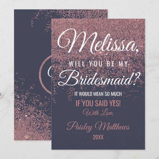 Convite Brilho em Rosa Dourado Brilho de Azul-Marinho Dama (Frente/Verso)