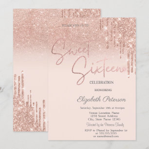 Convite Brilho em Rosa Dourado, Gotas para Sweet 16