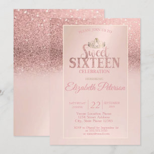 Convite Brilho em Rose Gold Bokeh Ombre, Tiara Festa Doce