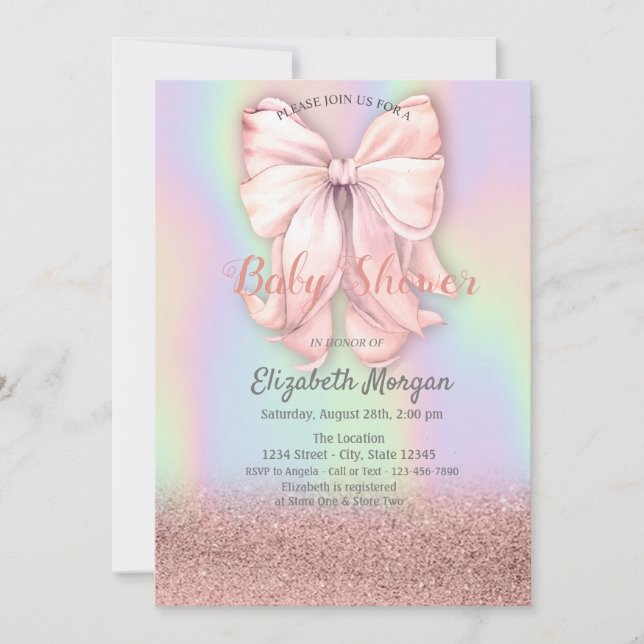 Convite Brilho em Rose Gold, Laço Rosa Holográfico (Frente)