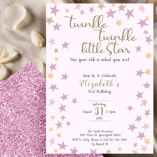 Convite Brilho Estrela Rosa Aniversário de 1 ano da Menina